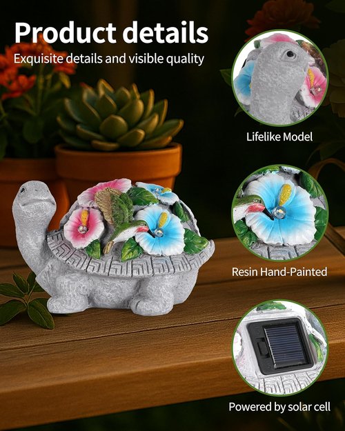 GoGnome Solar Turtle Figurine Lights - 5.5-Inch Garden Statue with Hummingbird Flower | Perfect Outdoor Yard Decoration & Gift