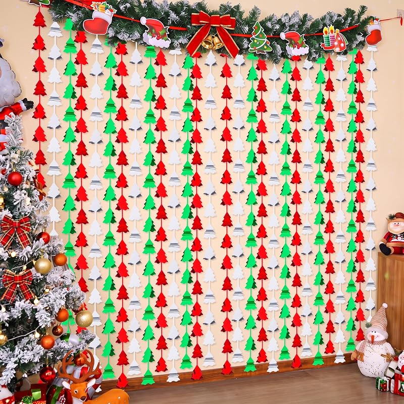 Mega-L 2 Pack Christmas Foil Fringe Curtains - 3.3 x 6.6 ft Tree Shaped Backdrop, Red-Silver-Green, Variation Red Silver Green+2 Pack