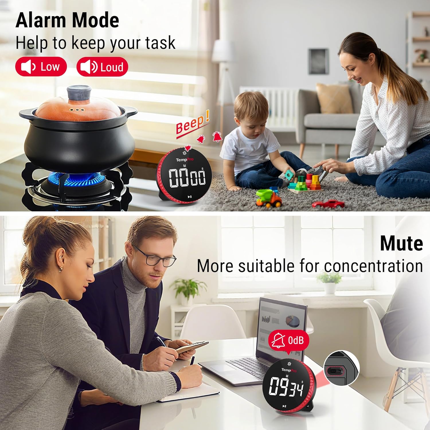 TempPro Digital Kitchen Timer - 99-Hour Countdown with Magnetic Stand & Large LED Display | 3 Volume Levels