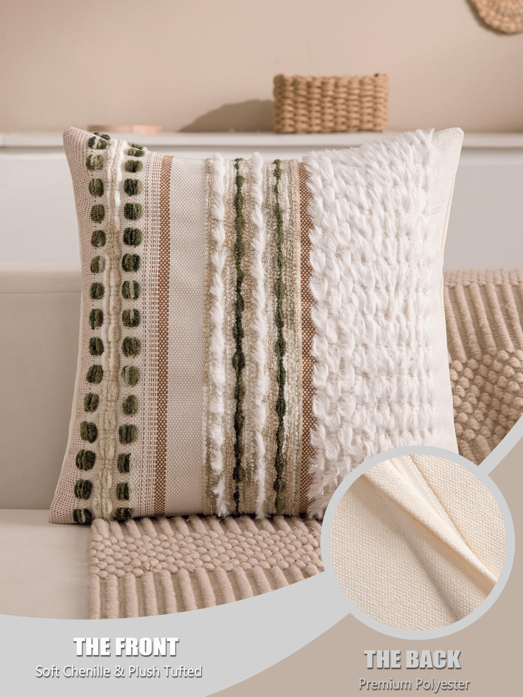KOOLIFE Boho Chenille Tufted Couch Throw Pillow Covers 18x18 Inch Set of 2 Farmhouse Striped Decorative Pillow Covers Accent Neutral Square Pillowcase Green Cushion Covers for Livingroom Sofa Bed