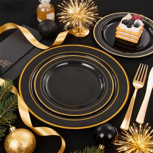 FLOWERCAT 100PCS Black and Gold Plates - Heavy Duty Black Plates Disposable for Halloween Party/New Year/Birthday- Include 50PCS 10.25inch Dinner Plates - 50PCS 7.5inch Dessert Plates