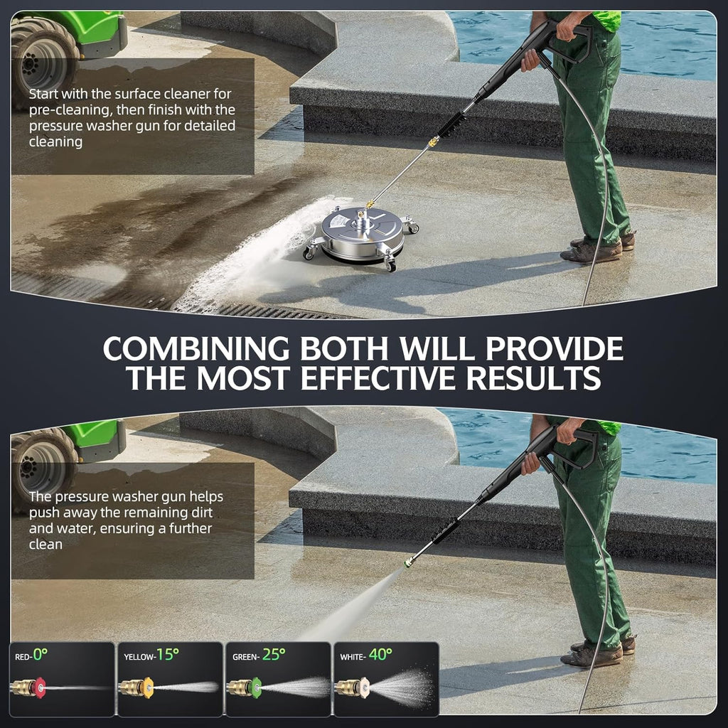 Pressure Washer Surface Cleaner - 14" 4500 PSI | Durable 304 Stainless Steel, 4 Wheels & 2 Wands