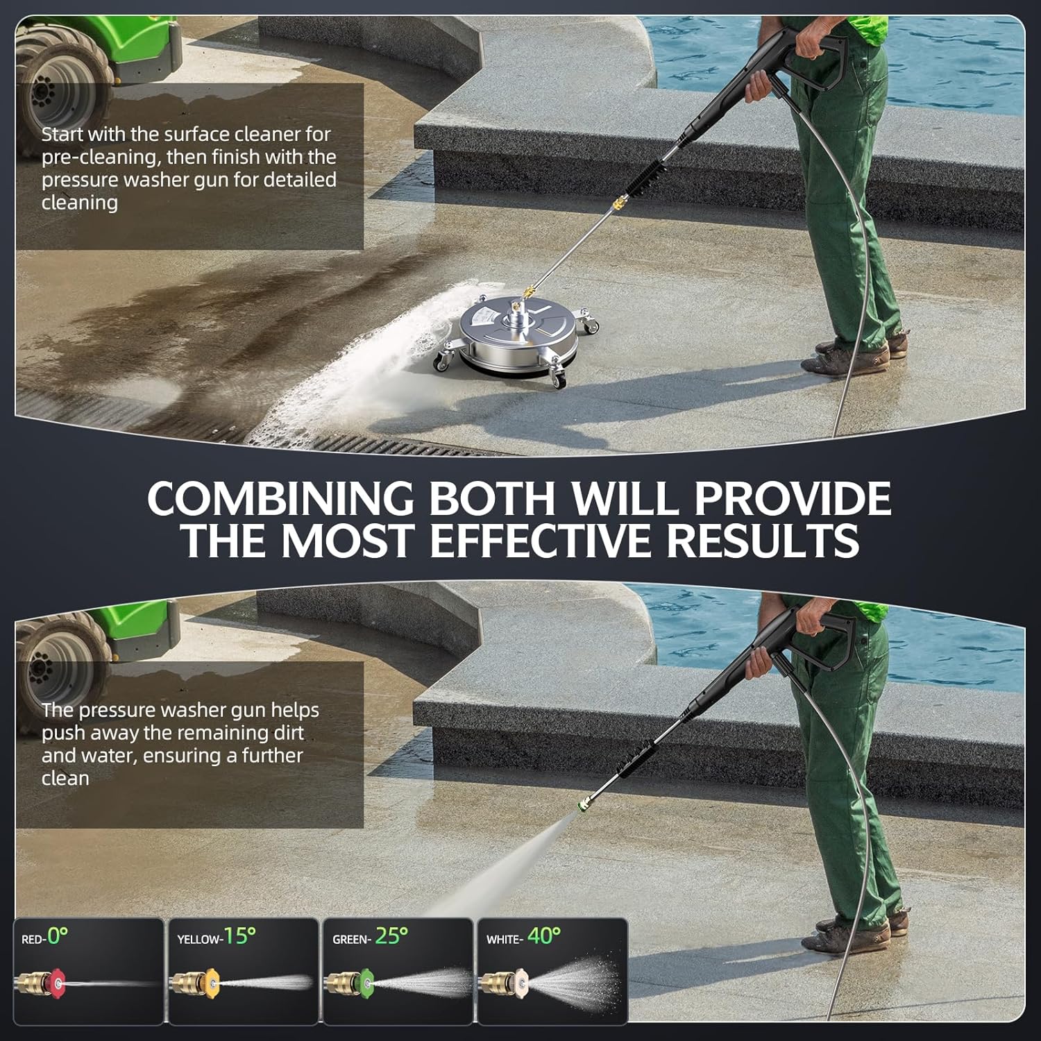 Pressure Washer Surface Cleaner - 14" 4500 PSI | Durable 304 Stainless Steel, 4 Wheels & 2 Wands