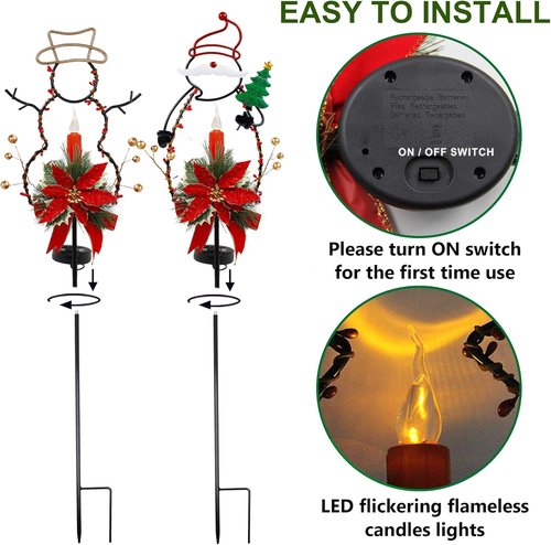 FORUP Solar Christmas Yard Decorations - LED Solar Powered Candle Pathway Lights | Set of 2 Snowman & Santa Ornaments