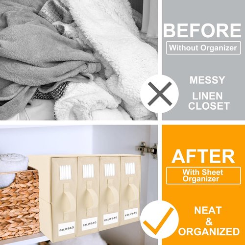 EXLIFBAG Sheet Organizers - Foldable Bed Sheet Storage with Window | XL for Queen & King Size, Beige