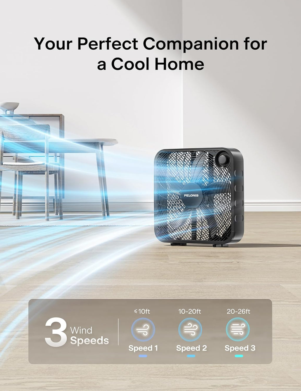 Pelonis 20 Inch Box Fan - 3 Speed Floor & Window Fan with Superior Air Throw (2295 CFM) - Lightweight & Versatile for Home or Office