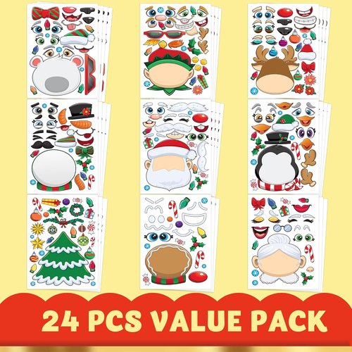 JOYIN Christmas Make-A-Face Stickers - 24 Pcs Mix and Match Character Sheets for Kids' Party Favors