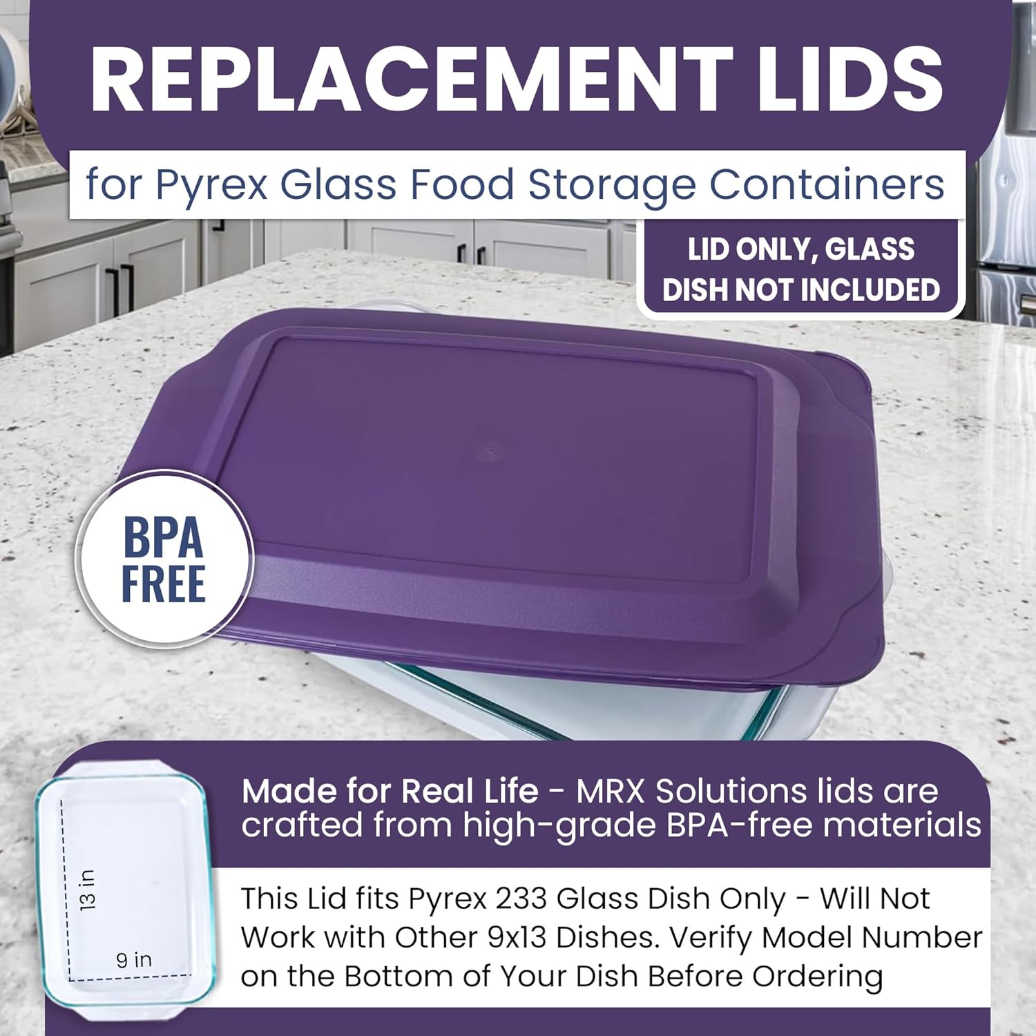 Pyrex Replacement Lid - Fits 9x13 Glass Casserole Baking Dish | Purple Tab Handle 3-Quart Model 233-PC