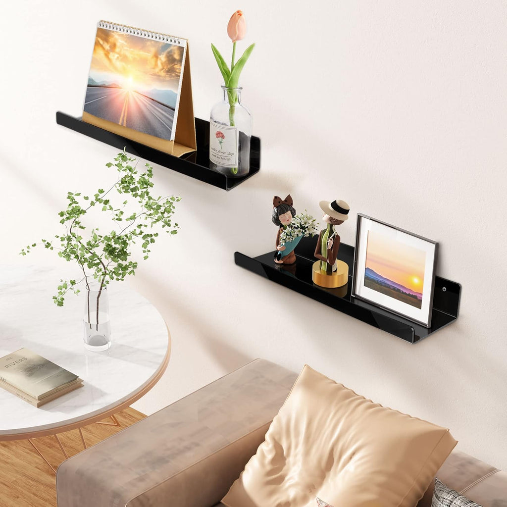 Upsimples Acrylic Wall Shelves - 15" Floating Display Shelf Set for Perfume & Books | Black, 4 Pack