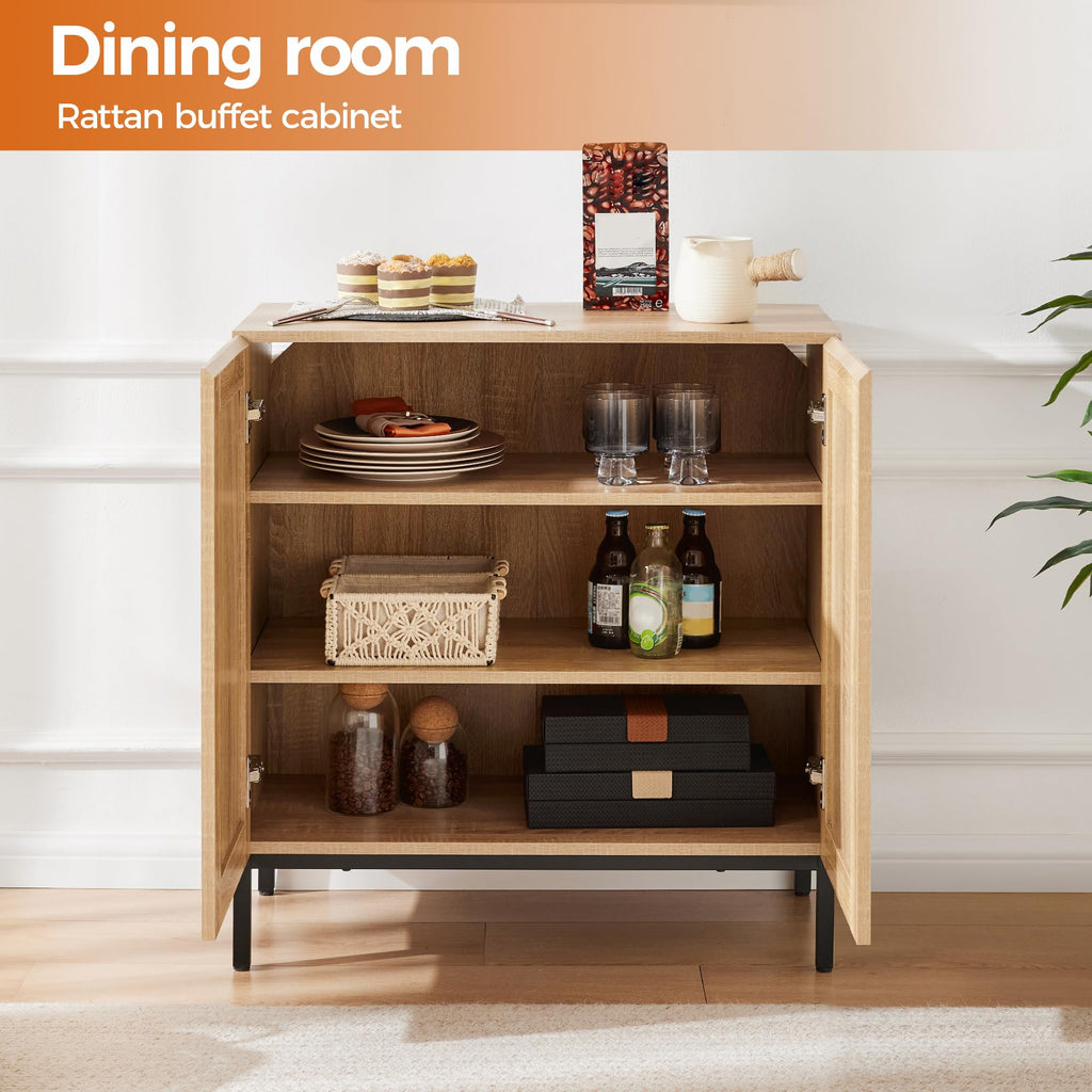 Mericonia Buffet Cabinet with Storage, Sideboards 2 Doors with Metal Base and Adjustable Shelf for Kitchen, Coffee Bar, Entryway, Hallway,Living Room (Rattan Buffet Cabinet, Natural)