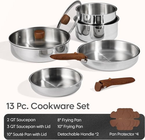 CAROTE 13 PCS Tri-Ply Stainless Steel Cookware Set - Induction-Ready, Detachable Handle, Oven Safe