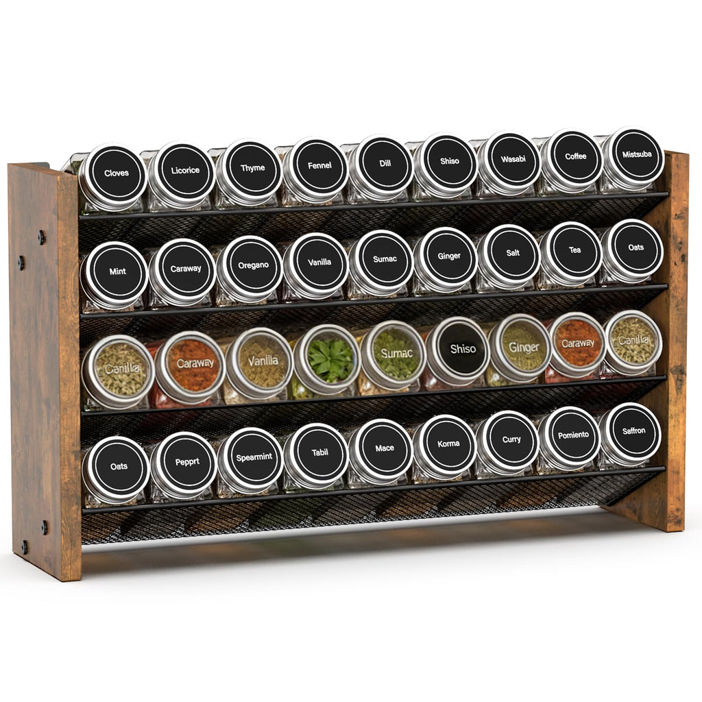 NESAPTO Spice Rack Organizer for Cabinet, Wood 4-Tier Vertical Seasoning Organizer, Wall Mount or Countertop Spice Shelf, Holds 36 Jars (No Jars Included), 17.2" W x 9.4" H