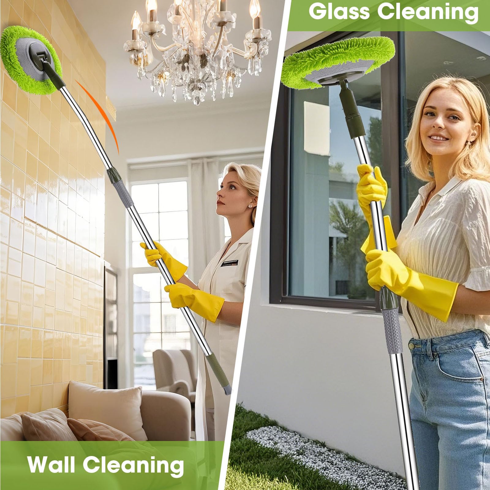 Wall Mop,Wall & Baseboard Cleaner Mop Tool with 71.3'' Long Handle,Ceiling Dust Mop with 15° Labor-Saving Extension Pole,Rotatable Adjustable Cleaning Tool Duster for Cleaning Window,Tile,Home,Green