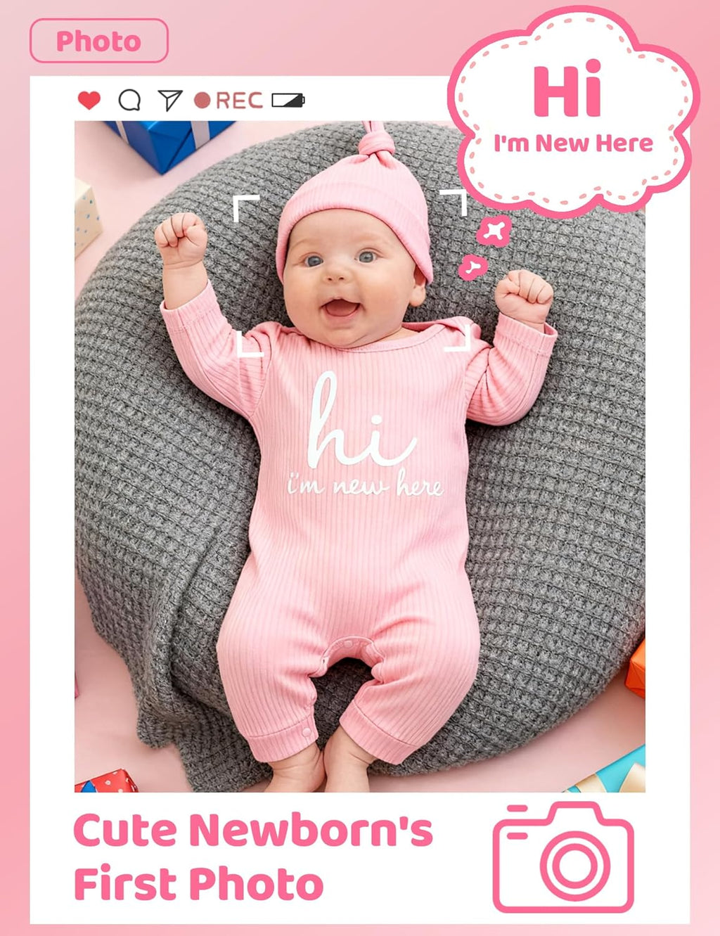 Babymine Newborn Unisex Baby Clothes - Long Sleeve Onesie Outfit with Mittens & Hat | 0-3 Months