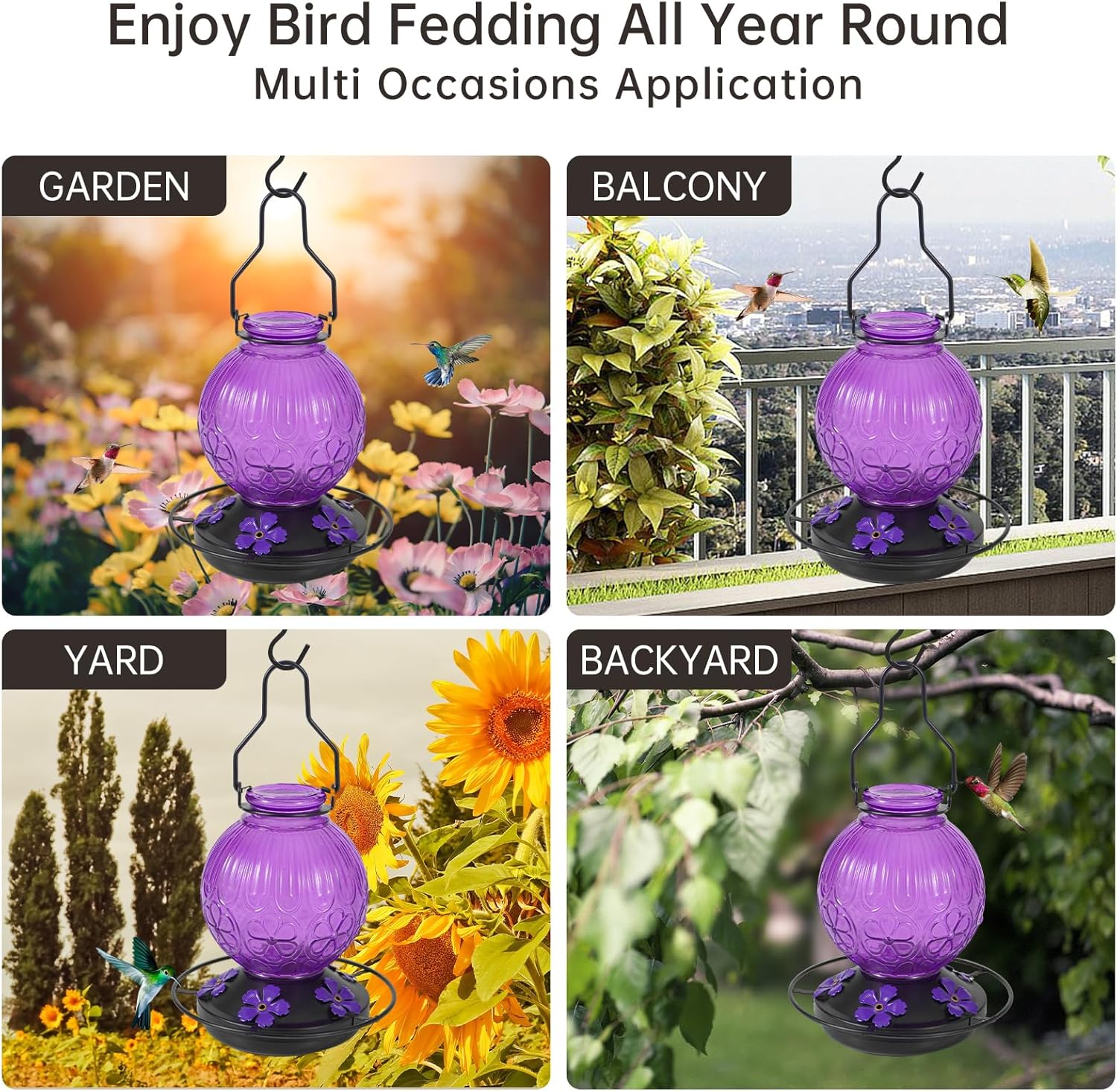 Skiennix Glass Hummingbird Feeder - 23Oz Leak-Proof Nectar Feeder with 5 Flower Ports | Purple Garden Decor Gift