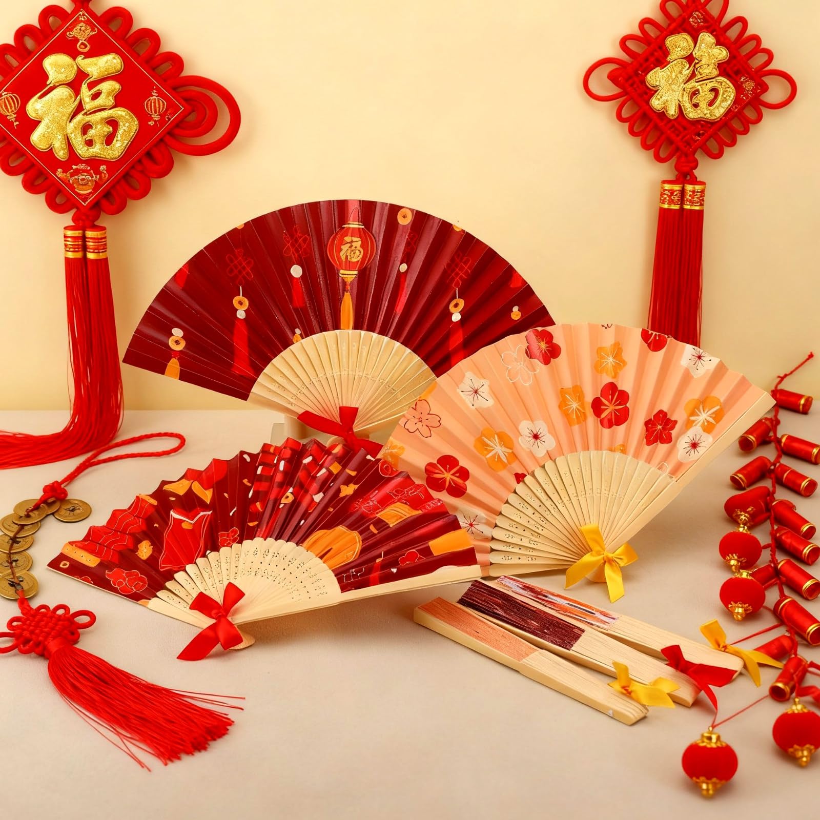 Roowest 36 Pcs Chinese New Year Paper Fans with Bamboo Handles - Asian Oriental 2026 Lunar New Year Decoration Folding Fans Bulk for Japanese Chinese Festival Wall Decor Party Favor Gifts