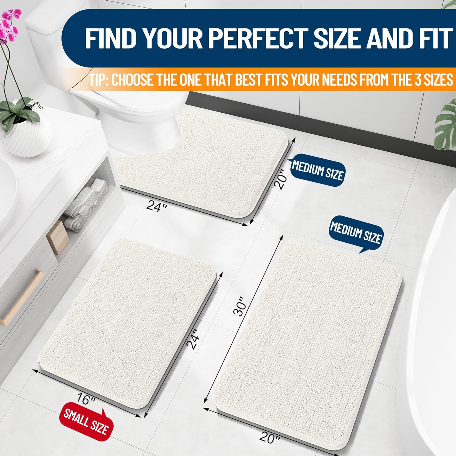 OLANLY Bathroom Rugs - Extra Soft Chenille Bath Mats | Quick Dry, Machine Washable, 30x20, Ivory