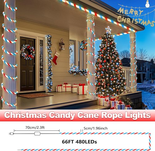 Jnaurb Candy Cane Lights - 66ft Waterproof LED Christmas Rope Lights | 480 Connectable Red, White & Blue