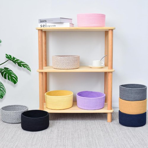 ABenkle Small Woven Basket - Decorative Cotton Rope Storage Bin for Toys, Spa, Socks | Round Design