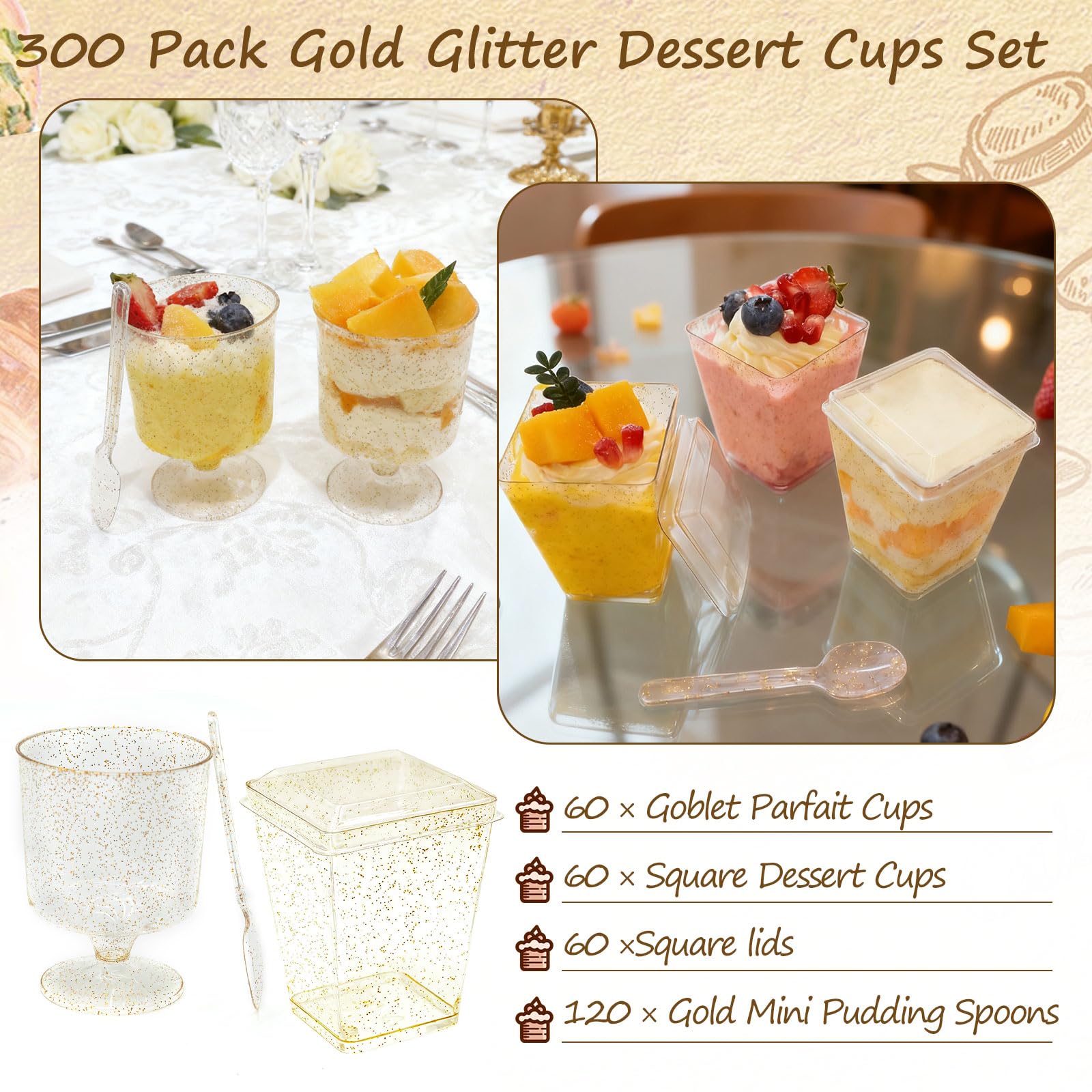 Vintrol 300 Pack Dessert Cups with Spoons and Lids 5 Oz Plastic Shooter Cups Round Clear Serving Goblet cup for Party, Disposable Yogurt Parfait Appetier Cup for Pudding, Fruit Ice and Ice Cream
