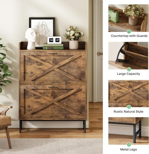 Kitstorack Shoe Storage Cabinet - Rustic Brown Freestanding Organizer with 2 Flip Drawers