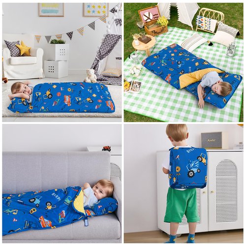 DJY Toddler Nap Mat Blue Car Slumber Bag,Kid Sleeping Mat with Removable Pillow & Minky Blanket,Perfect for Daycare,Preschool,Kindergarten,Travel