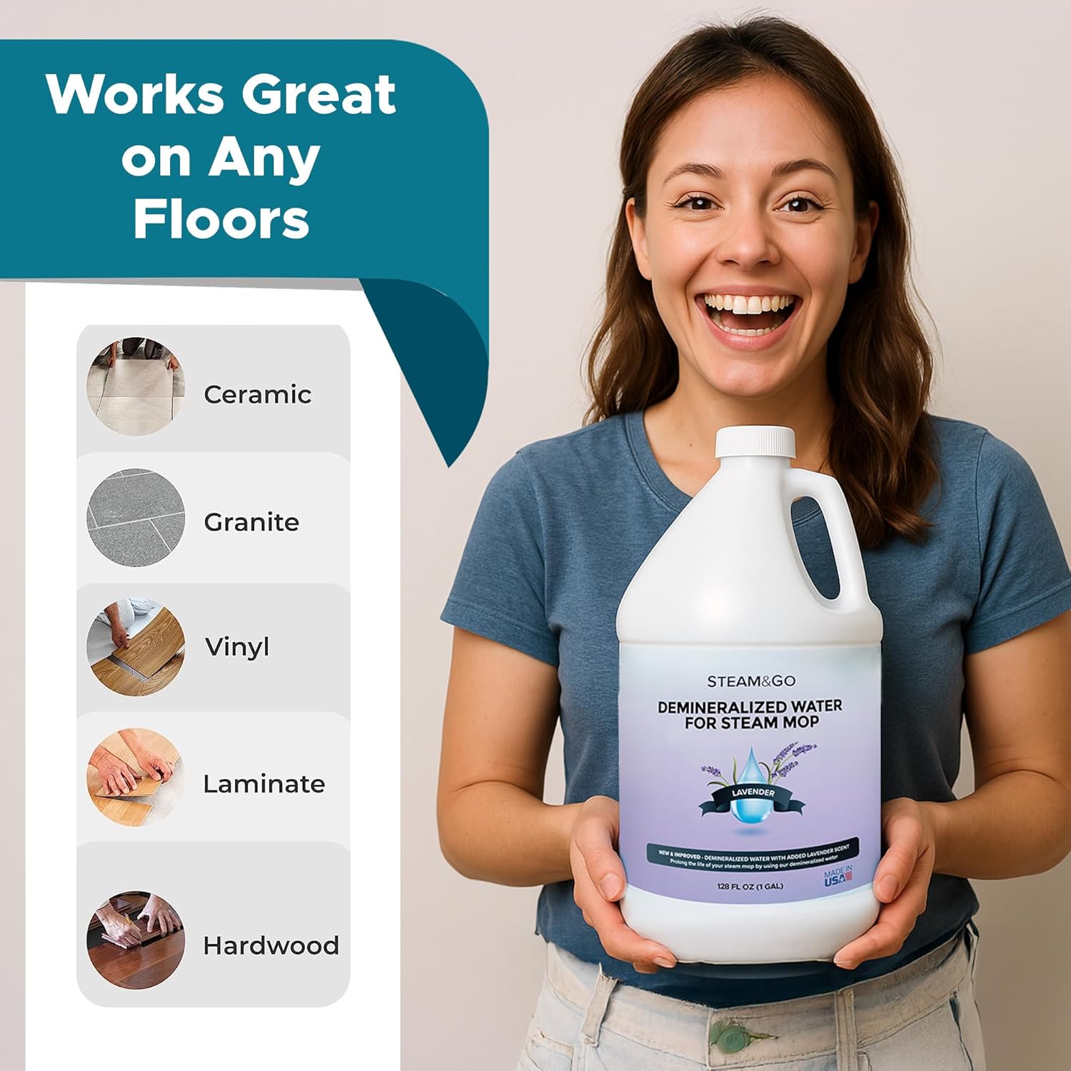 Steam & Go Demineralized Water | PVC-Free Multi-Surface Cleaner for All Steam Mops - Lavender Scent, 128 Fl Oz