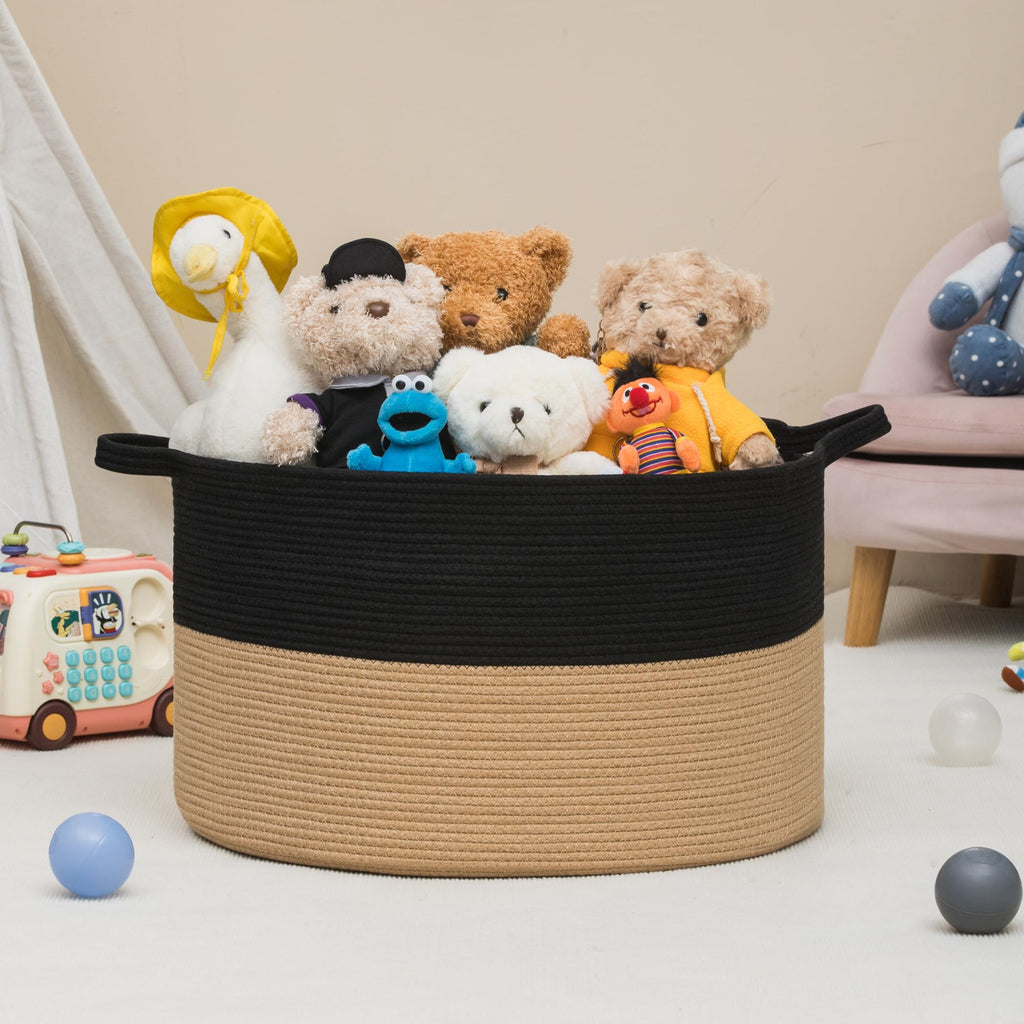 Gosipeya XXXLarge Woven Cotton Rope Basket (21.7" x 13.8") – Blanket Basket for Living Room, Laundry Hamper, Baby Laundry Hamper, Toy Storage, Pillows & Cushions Organizer (Black&Brown)