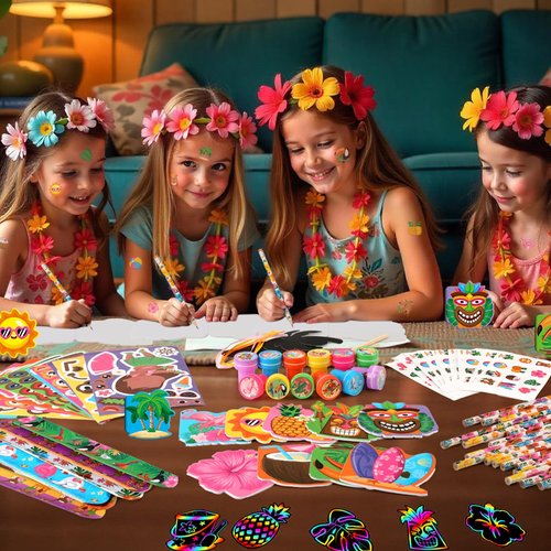 BenLouis 108Pcs Hawaiian Luau Party Favors Aloha Summer Tropical Tiki Theme School Stationery Set Bulk for Kids Beach Pool Birthday Party Goodie Bag Stuffers Classroom Gifts Rewards Pinata Filler