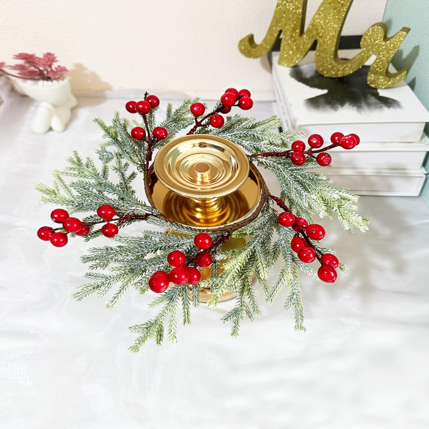 Skiennix 2-Piece Christmas Wreath Candle Rings - Artificial Cedar & Cypress with Red Berries | Holiday Table Decor
