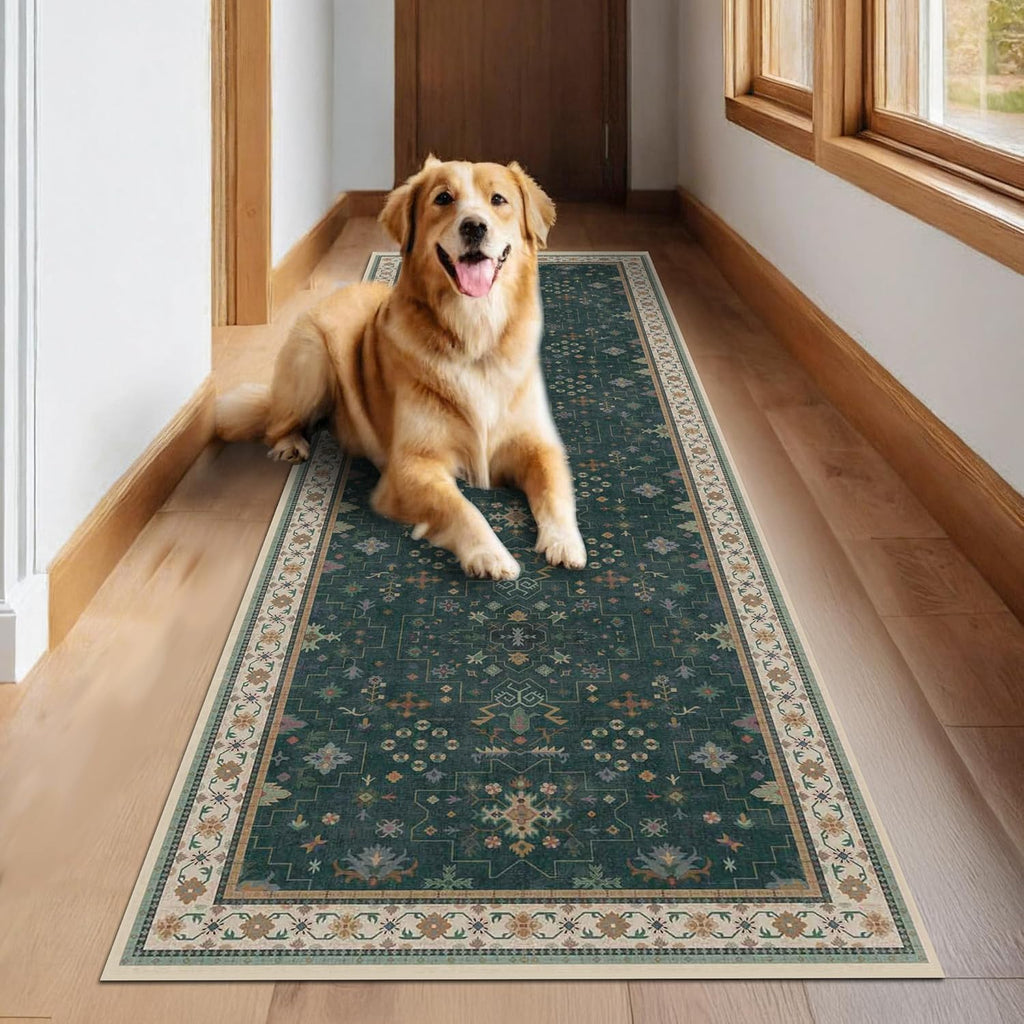 Regine Switzerland Dark Green Washable Runner Rug - 2'6"x10' Non-Skid Indoor Carpet for Hallway & Entryway