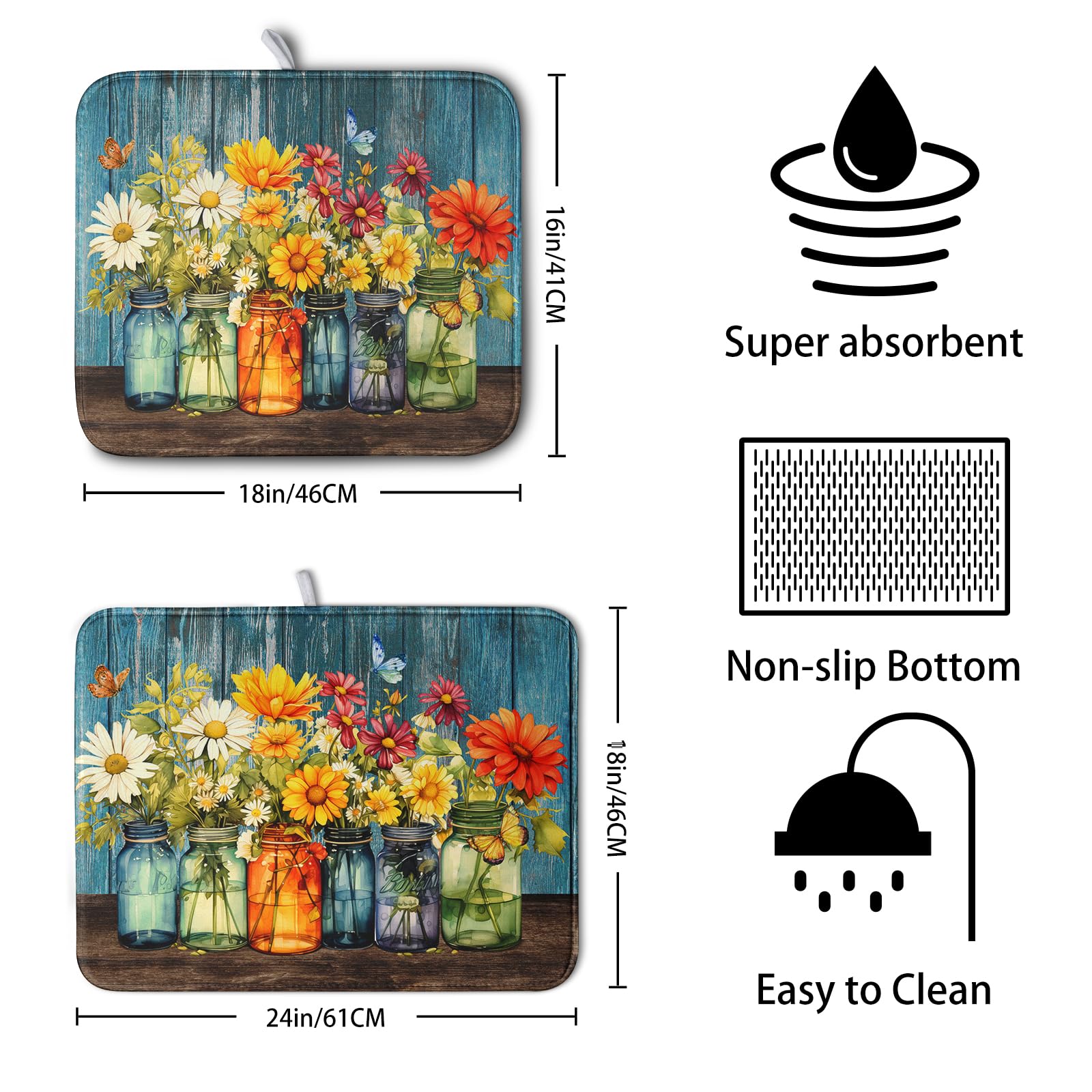 Daisy Dish Drying Mat for Kitchen Counter 18x24 Inch Rustic Vintage Flower Vases Drying Mats Microfiber Absorbent Dishes Drainer Mats Farmhouse Floral Wooden Board Dish Rack Pad