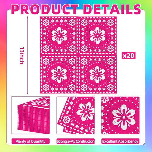 80 Count Mexican Fiesta Paper Napkins, 4 Bright Floral Designs Disposable Cocktail Napkins for Cinco de Mayo, Day of the Dead, Fiesta Wedding, Birthday Party, Taco Night, Summer BBQ Table Decorations