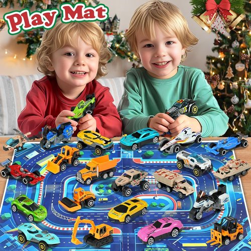Advent Calendar 2025 - Kids Toy Cars Set with 24 Alloy Vehicles & Play Mat | Perfect Christmas Gift
