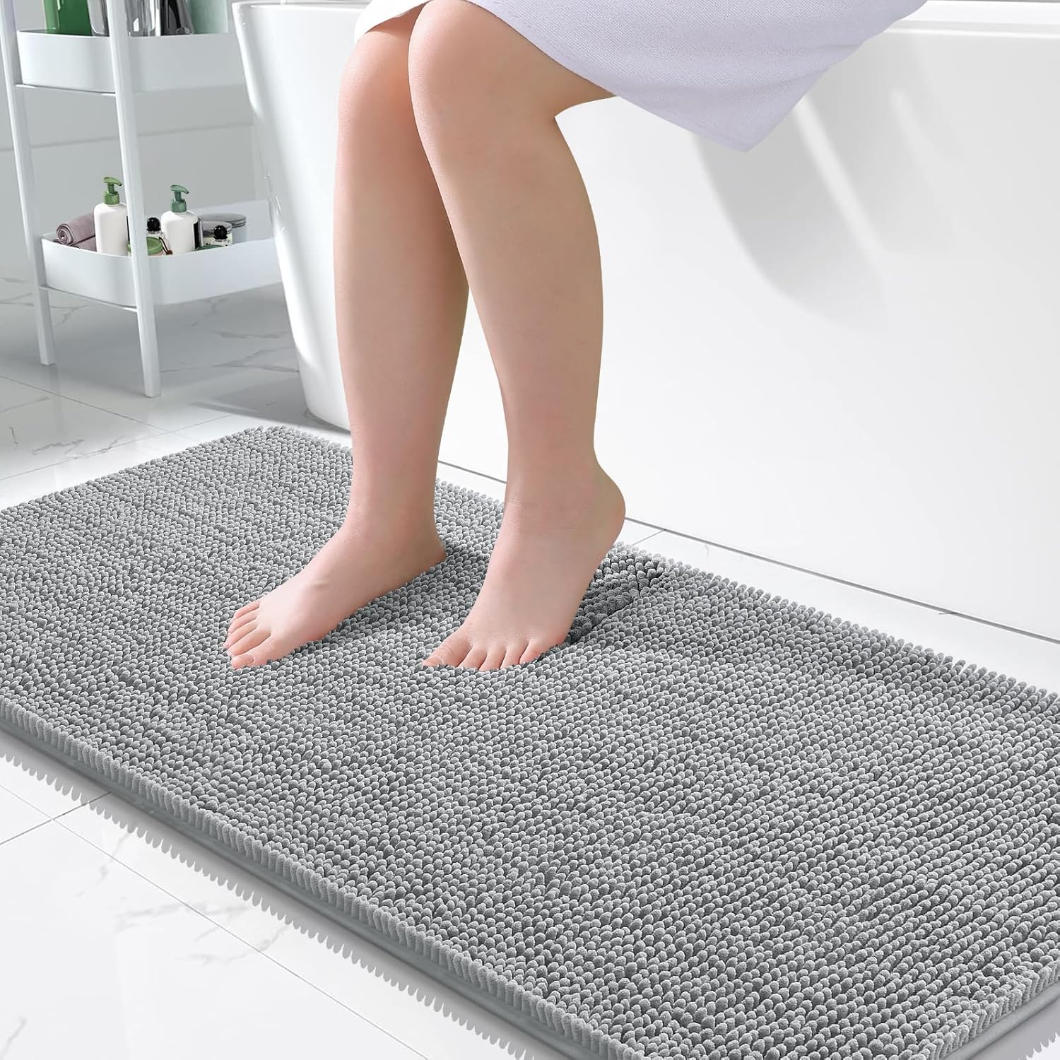 OLANLY Large Chenille Bath Rugs - Extra Soft & Absorbent | Quick Dry, Machine Washable, Light Grey 50x30