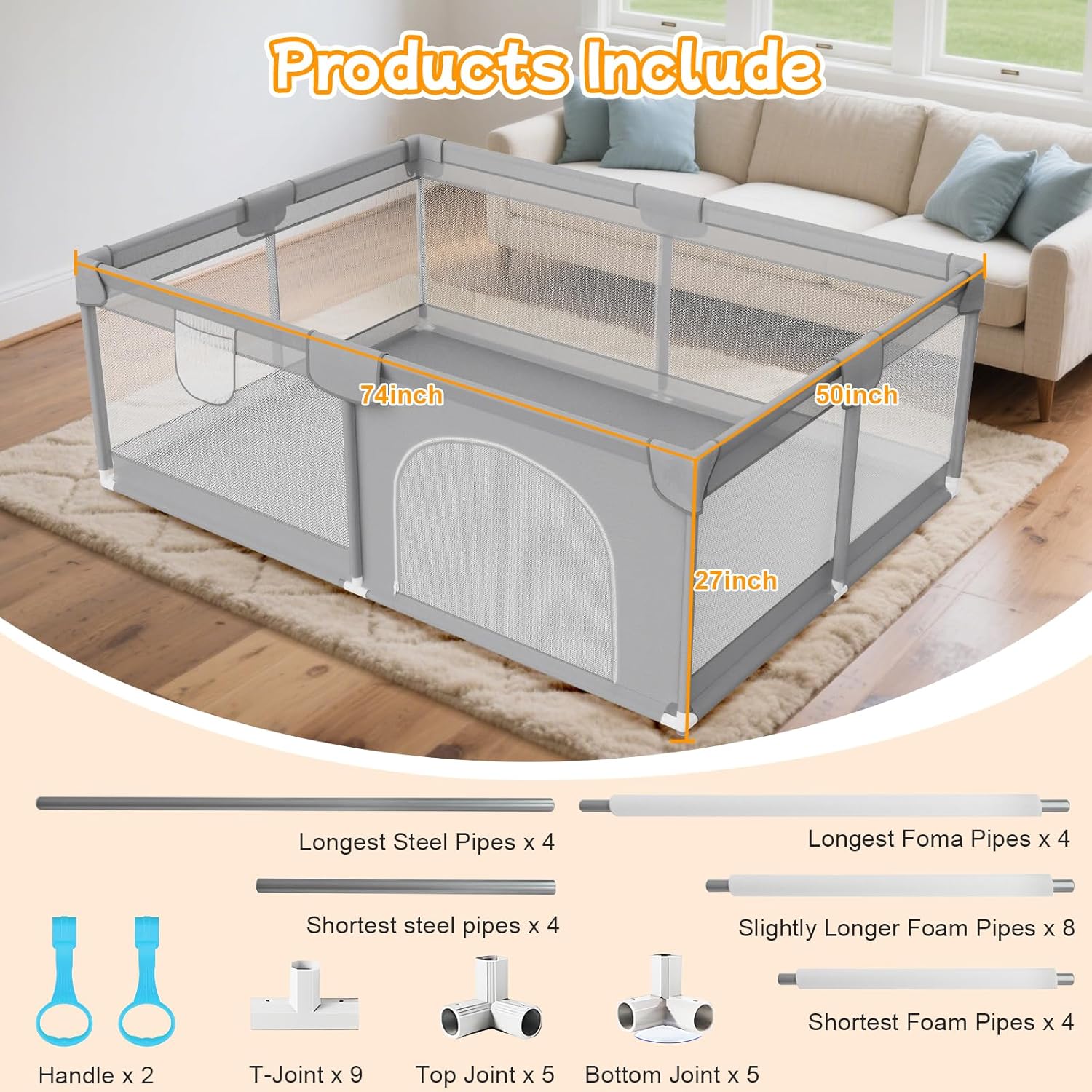 Skiennix Large Baby Playpen - Breathable Mesh Safety Activity Center for Indoor & Outdoor Use, Grey 74"x50"