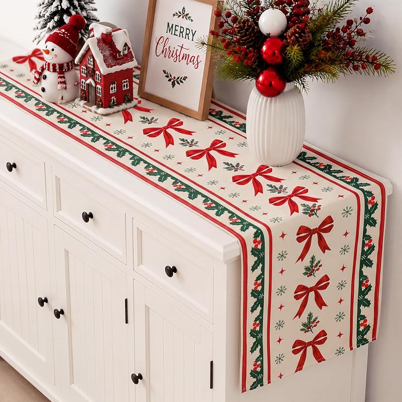 Red Bow Christmas Table Runner Decor