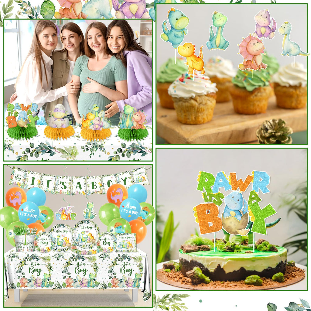 Dinosaur Baby Shower Decorations for Boy, It's a Boy Baby Shower Party Supplies Disposable Dino Plates Napkins Banner Tablecloth Cake Topper Balloon for Dinosaur Birthday Party Decorations, Serve 24
