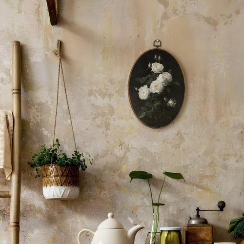 LKETW Vintage White Floral Oval Wall Art - Dark Cottagecore Canvas Decor for Home | 8.6x11.4 Inch