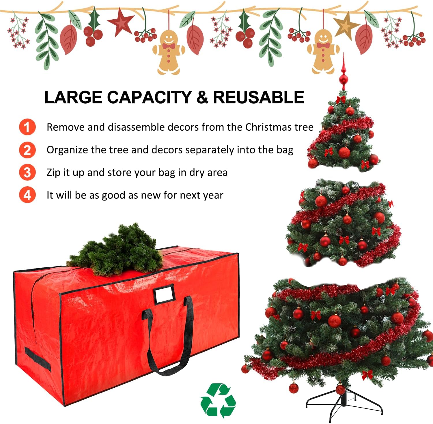 Skiennix 7.5 Ft Christmas Tree Storage Bag - Waterproof, Durable Handles & Dual Zippers | Red