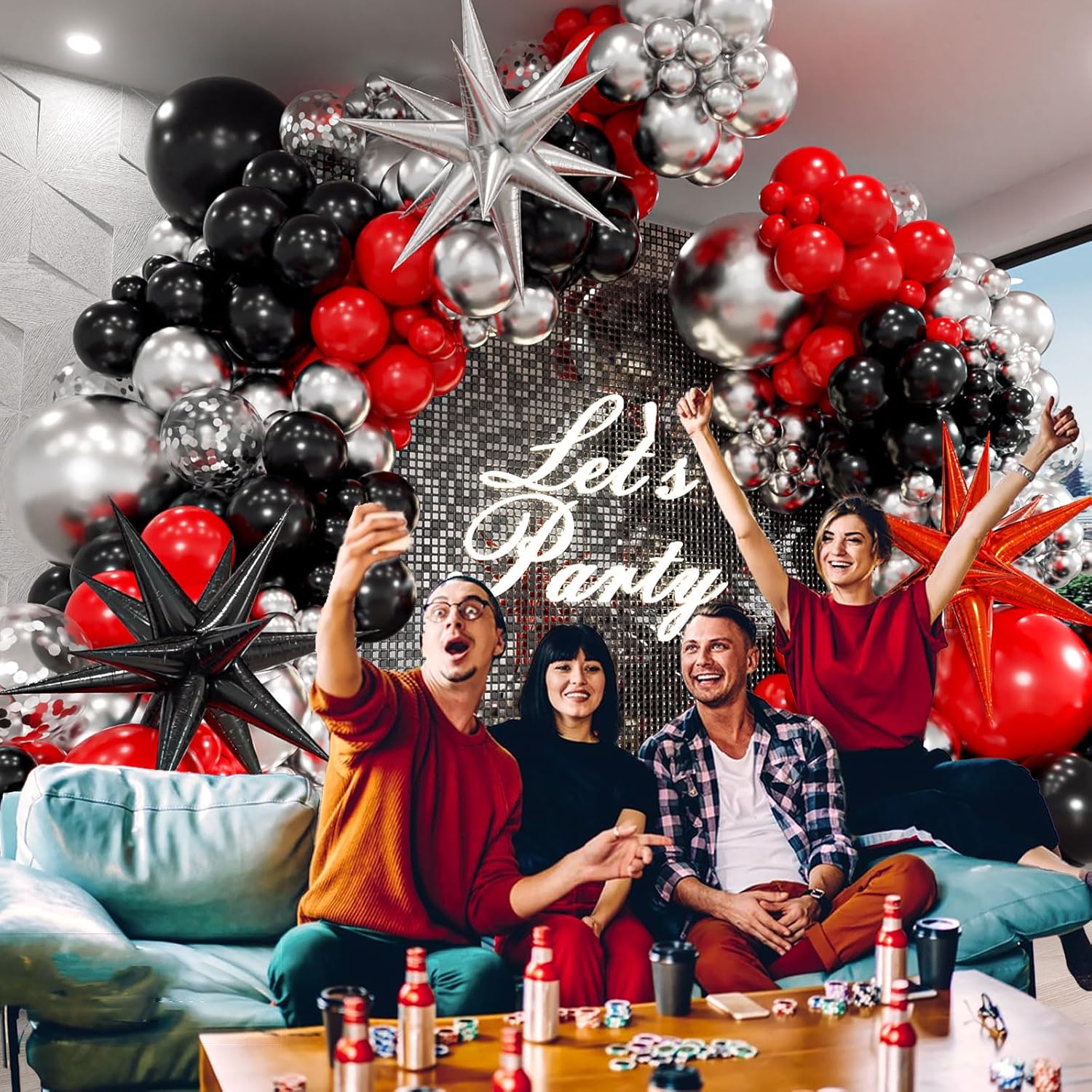 Red & Black Balloon Arch Kit - 3 Star Balloons & Garland for Birthday, Graduation, New Year Celebrations