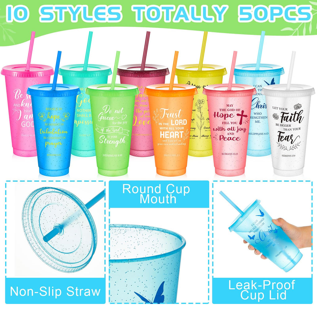 Uiifan 50 Pcs Christian Gifts Cups Bulk for Women, 24oz Bible Verse Christian Tumblers with Lids and Straw, Religious Church Gifts for Mother's Day (Bright Color,Bible)