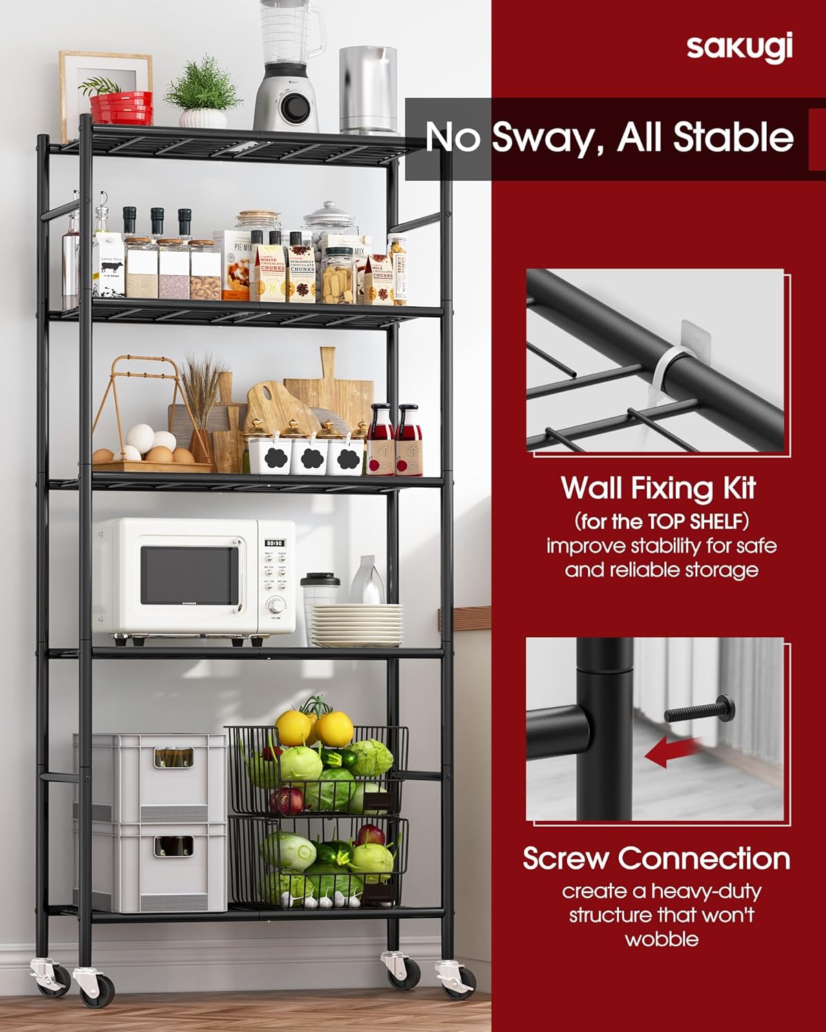 Sakugi 5-Tier Metal Storage Shelves Organizer - Heavy-Duty Rolling Shelf for Kitchen, Pantry & Closet | 33.1"x12.6"x73.5", Black