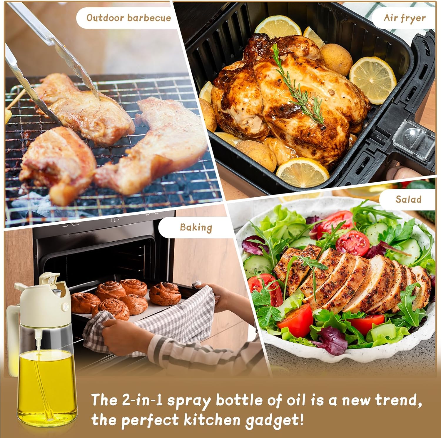 Skiennix Oil Sprayer | 2-in-1 Glass Oil Dispenser & Sprayer - 16oz for Cooking, Grilling & Salads (White)