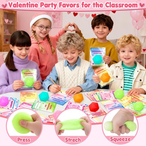 Valentines Day Gifts for Kids, 24 Pack Valentines Day Cards with Squeeze Stress Ball, Non Candy Goodie Bags Stuffers School, Valentines Prize Exchange for Classroom, Valentines Party Favors Boys Girls