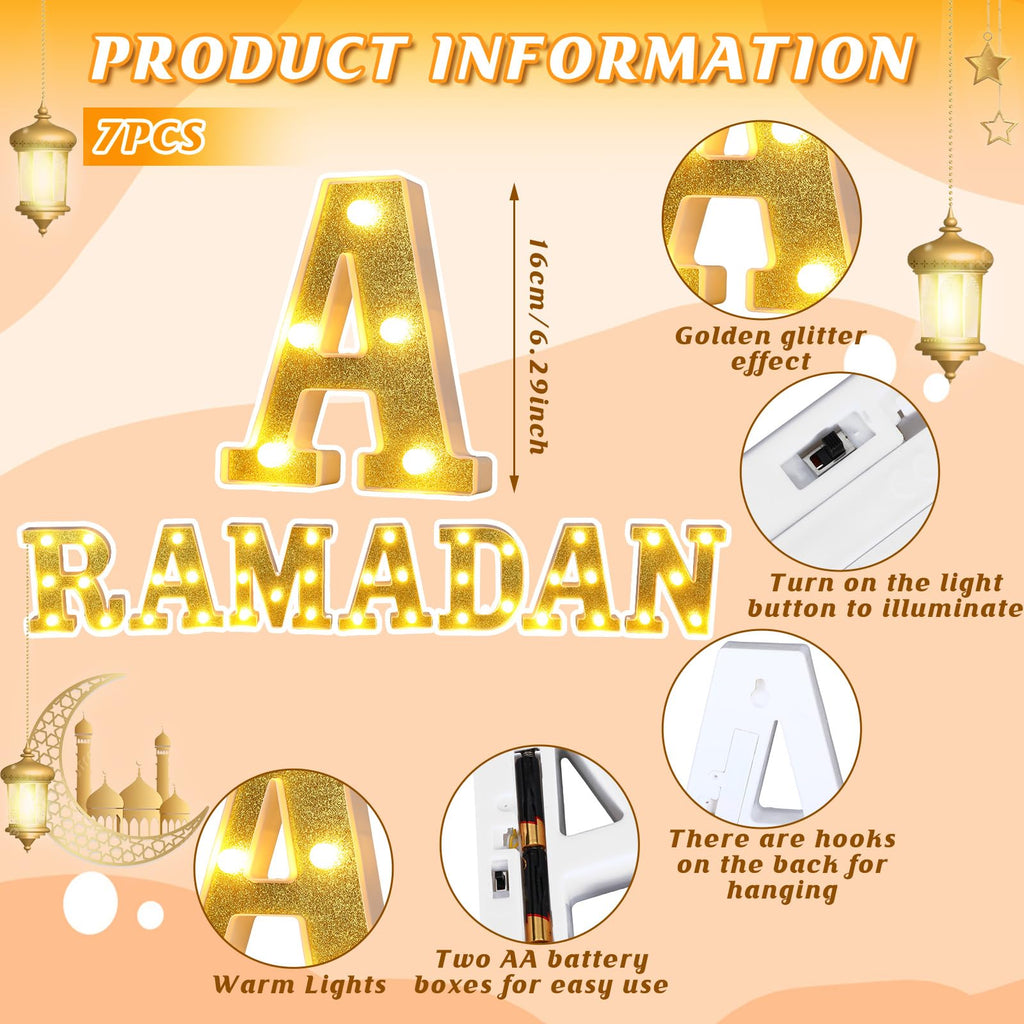 Aurelema 7 Pcs Ramadan Decorations Ramadan Large LED Letter Sign Powered Battery Light Gold Powder Surface Hanging Decor for Party Decorations Indoor Outdoor