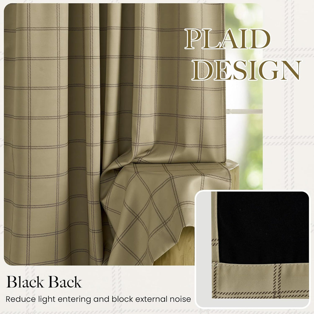 NICETOWN 100% Blackout Curtains - Plaid Farmhouse Design | 84-Inch Long, 2 Panels Set, Thermal Insulated, 52" W, Burlap