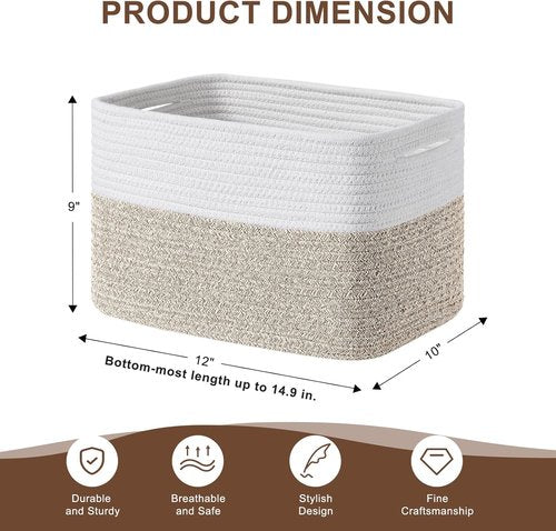Homsorout Cotton Rope Baskets - 12” Decorative Woven Storage Bins for Living Room & Laundry | 4 Pack, White/Brown