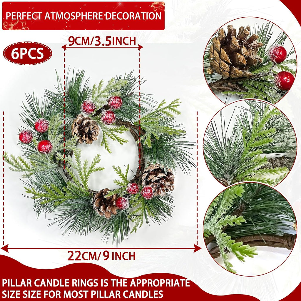 Skiennix 6 Pcs Mini Christmas Wreaths - 9 Inch Snowy Pinecone & Red Berry Candle Rings for Festive Decor