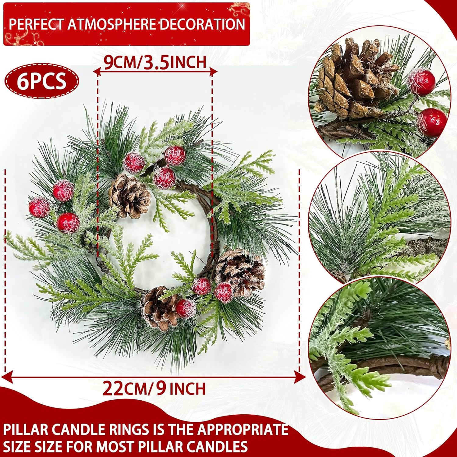Skiennix 6 Pcs Mini Christmas Wreaths - 9 Inch Snowy Pinecone & Red Berry Candle Rings for Festive Decor